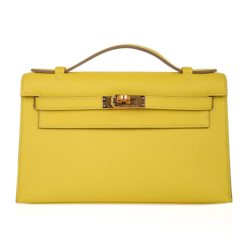 Kelly Pochette Bag Lime Clutch Gold Hardware Swift Leather