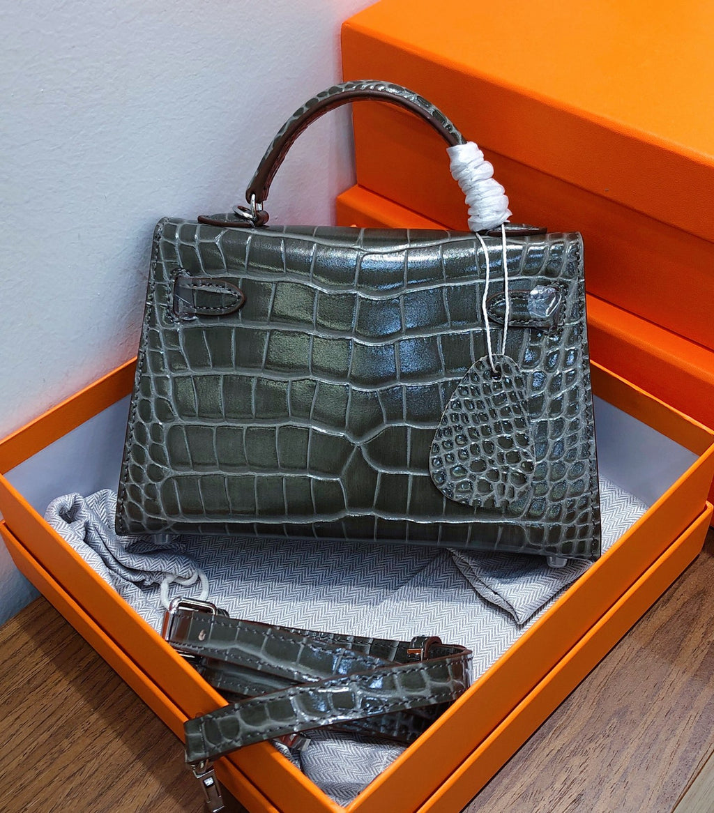 Kelly Sellier 19cm Gris Elephant Shiny Crocodile Leather Gold Hardware & Palladium Hardware Women Handbag