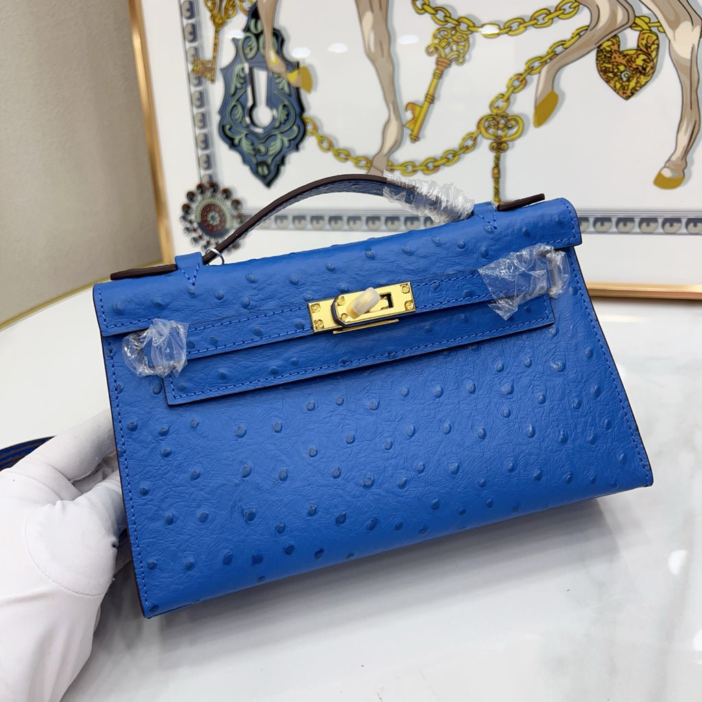 Mini Kelly Sellier 22cm Bleu Electrique Ostrich Leather Gold Hardware Women Mini Handbag