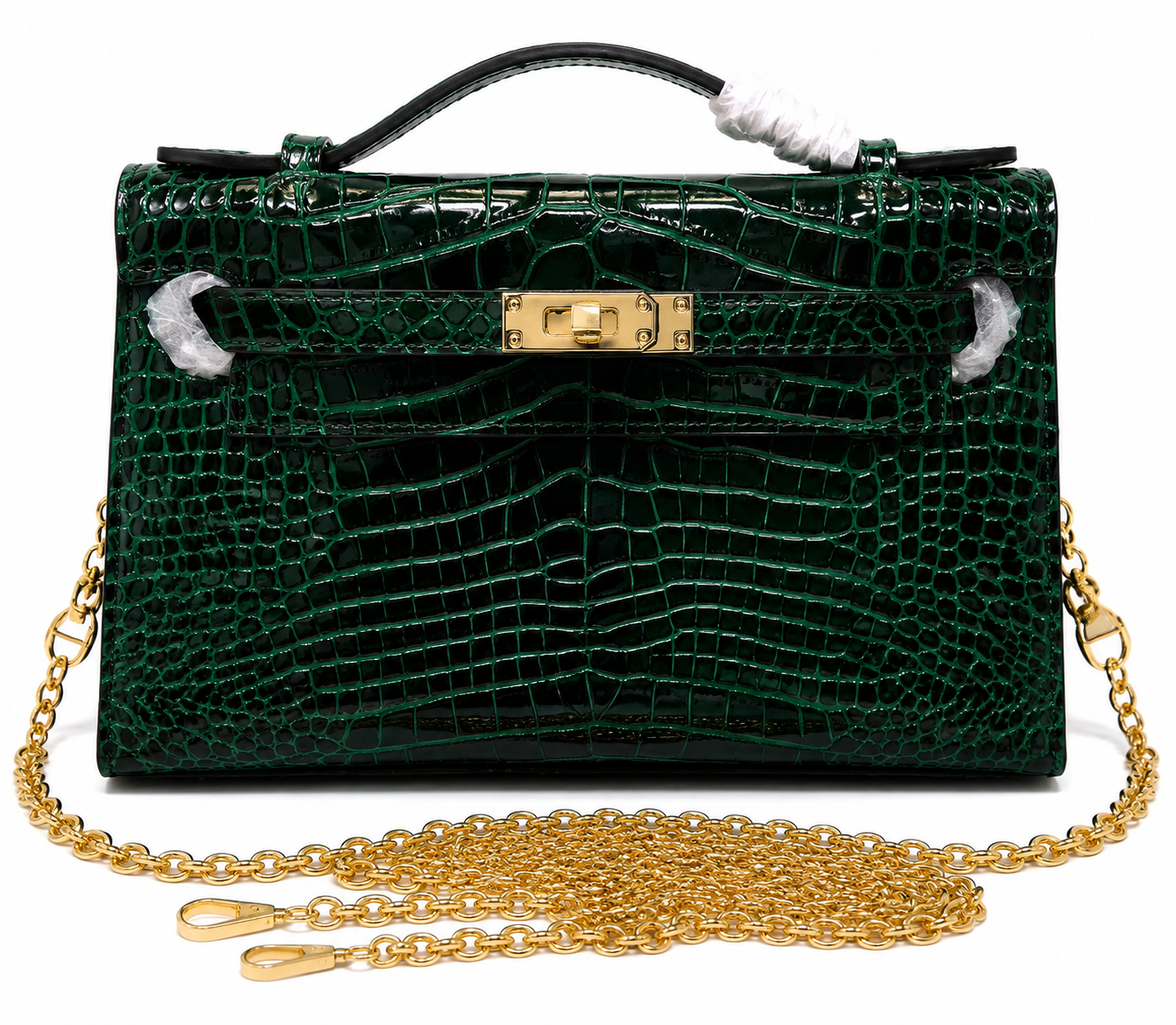 Kelly Pochette Vert Emeraude Shiny Niloticus Crocodile Leather Gold Hardware Women Clutch Bag