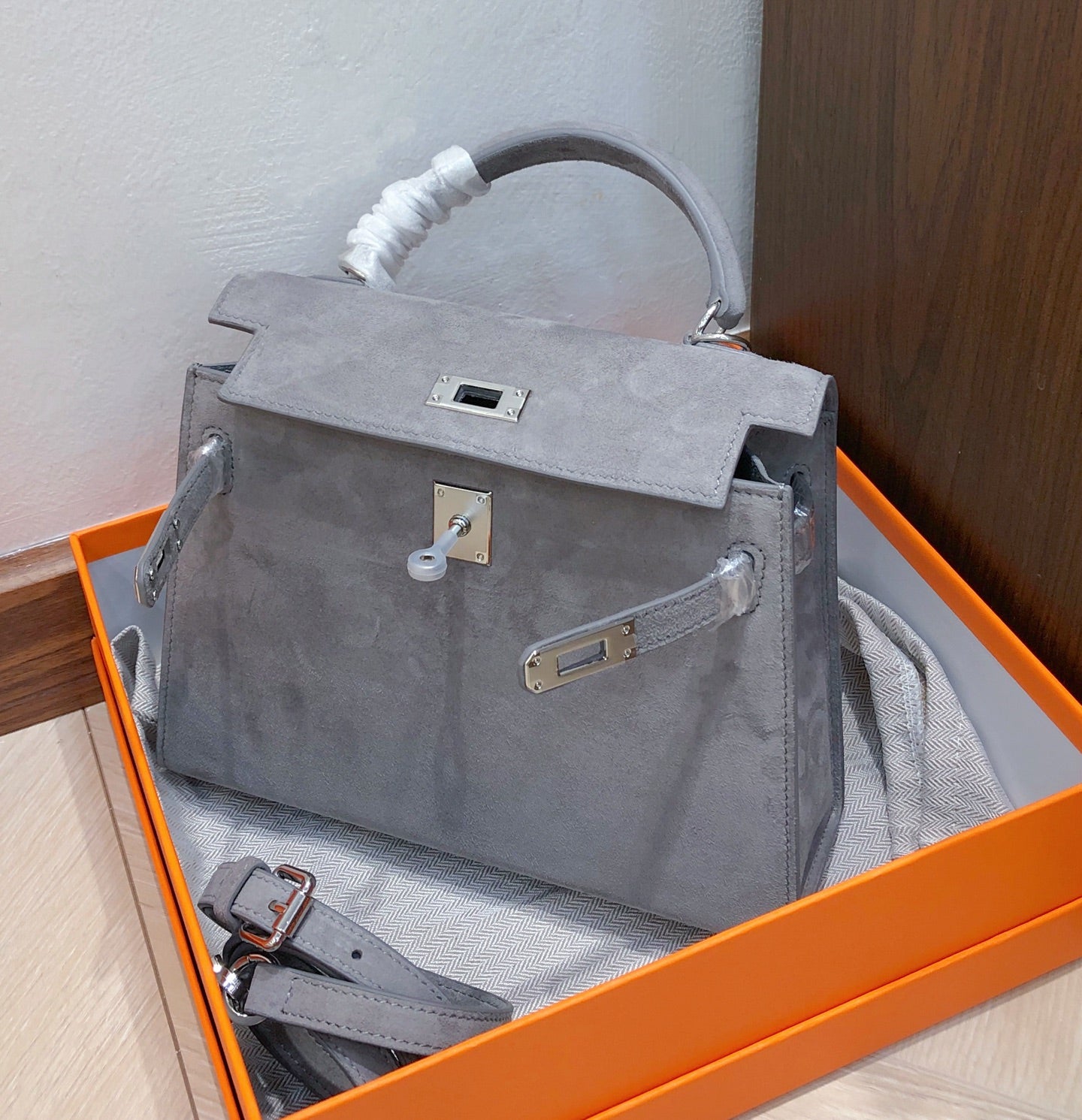 Kelly Sellier 22cm Gris Asphalte Suede Leather Palladium Hardware Women Handbag