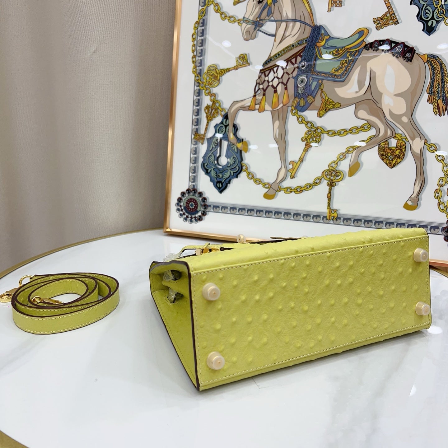 Kelly Sellier 25cm Jaune Poussin Ostrich Gold Hardware Designer Women Shoulder Handbag
