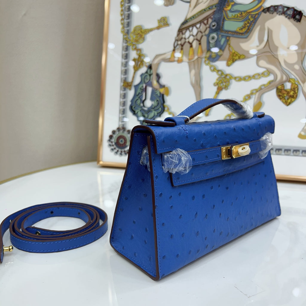 Mini Kelly Sellier 22cm Bleu Electrique Ostrich Leather Gold Hardware Women Mini Handbag
