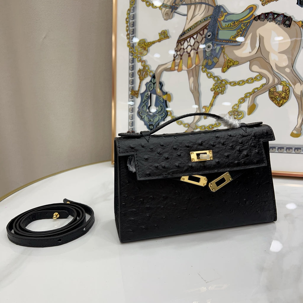 Mini Kelly Sellier 22cm Noir Ostrich Leather Gold Hardware Women Mini Handbag
