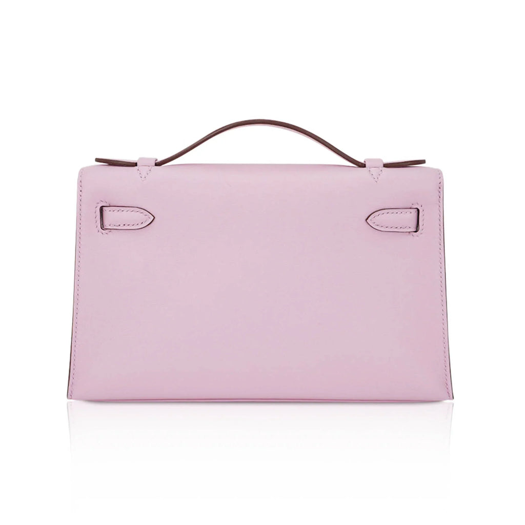 Kelly Pochette Clutch Bag Mauve Sylvestre Swift Leather with Rose Gold Hardware