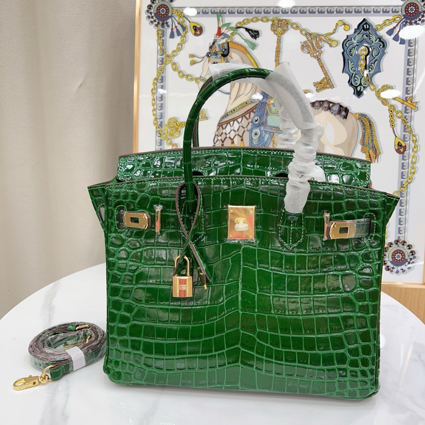 Birkin Style 25/30/35 Retourne in Vert Émeraude Crocodile-Embossed Leather (Gold Hardware)
