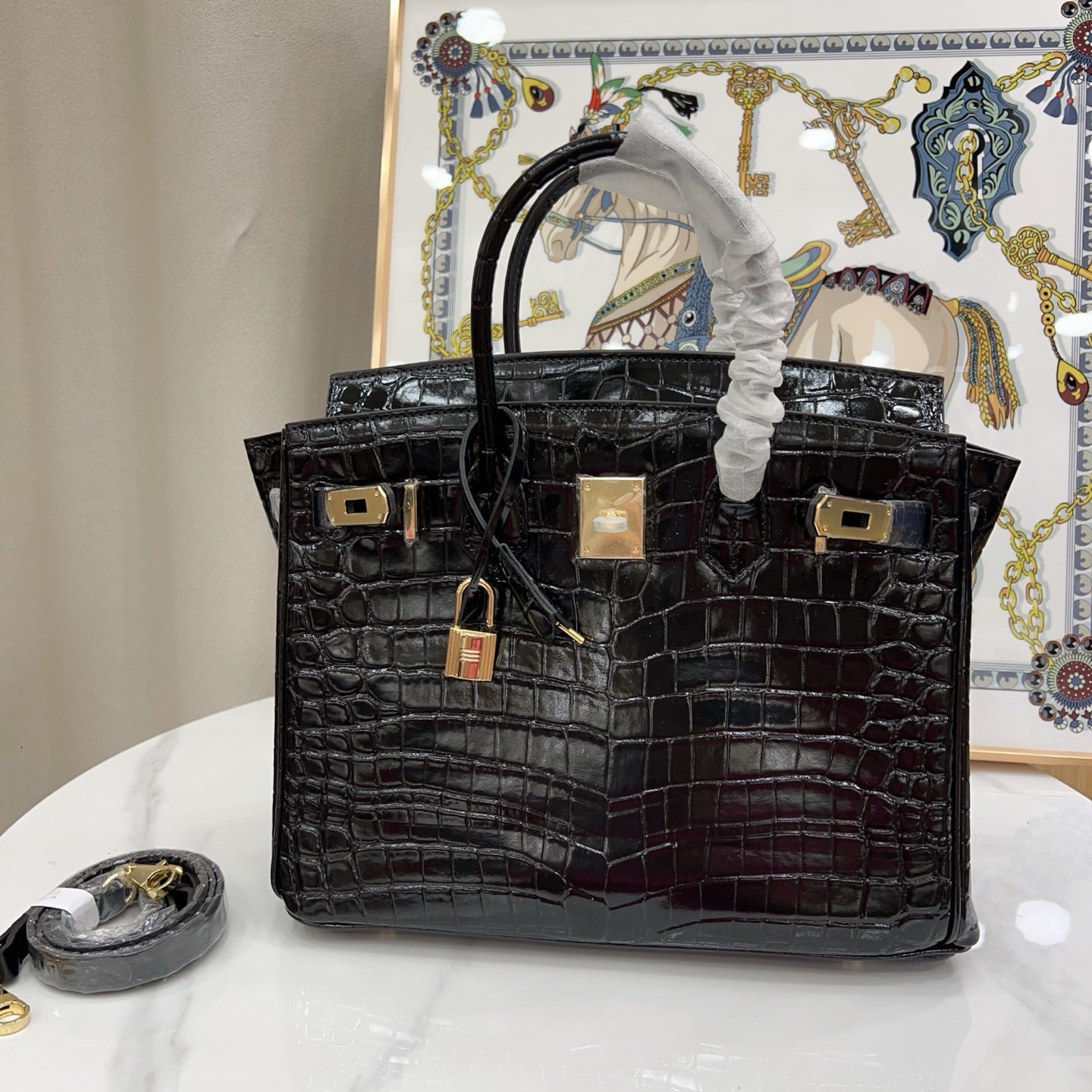 Birkin Style 25/30/35 Retourne in Noir Crocodile-Embossed Leather (Gold Hardware)