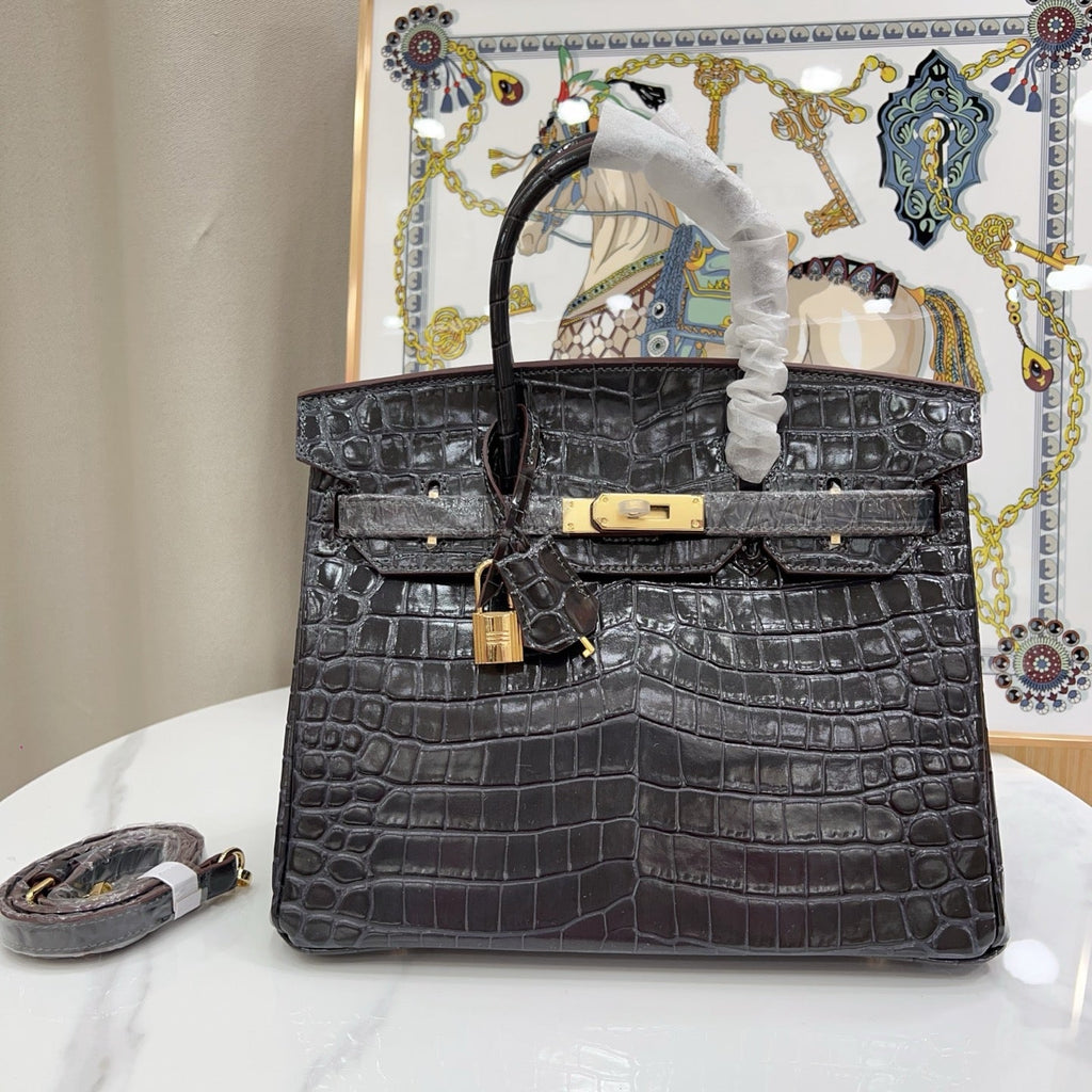 Birkin Style 25/30/35 Retourne in Etoupe Crocodile-Embossed Leather (Gold Hardware)