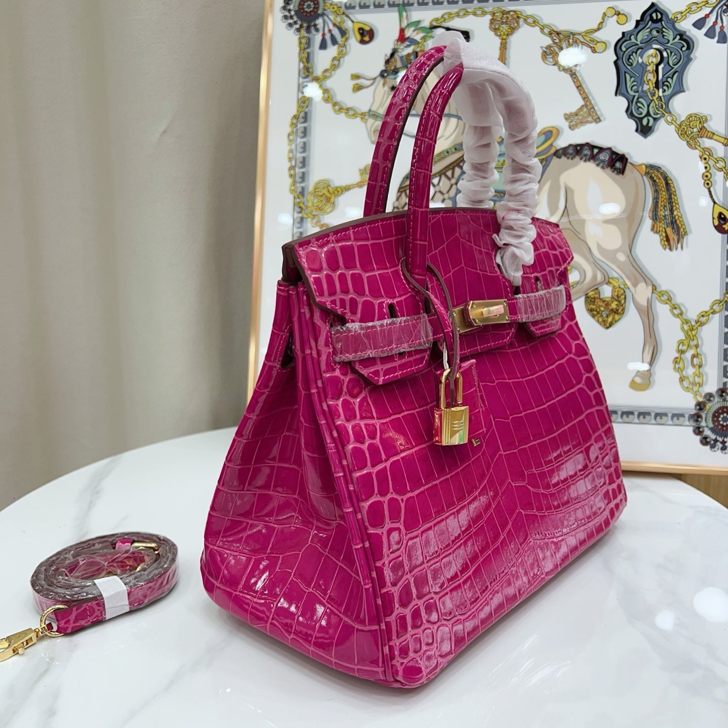Birkin Style 25/30/35 Retourne in Rose Schéhérazade Crocodile-Embossed Leather (Gold Hardware)