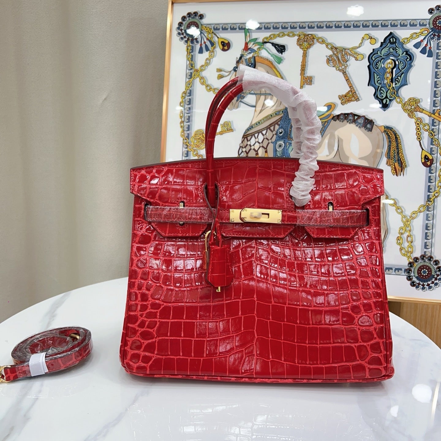 Birkin Style 25/30/35 Retourne in Rouge Vif Crocodile-Embossed Leather (Gold Hardware)