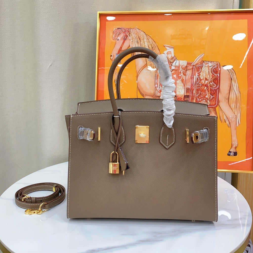 Birkin Style 25/30 Sellier in Etoupe Epsom Leather with White Stitching (Gold Hardware)