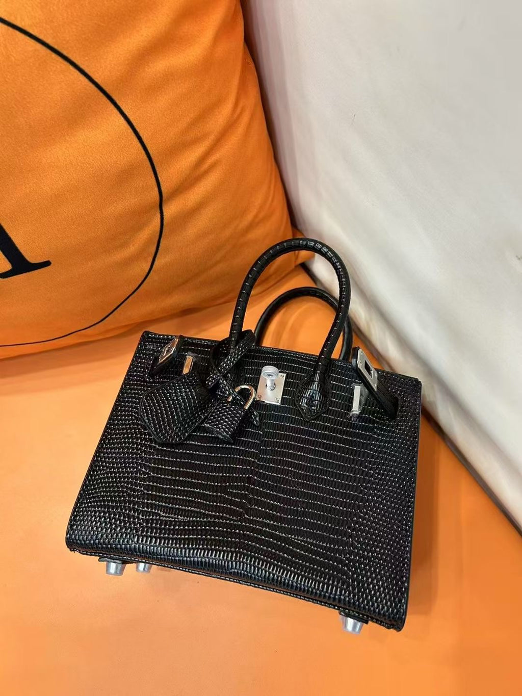 Mini Birkin 20cm Outer Stitching Tote Bag in Black Lizard Pattern