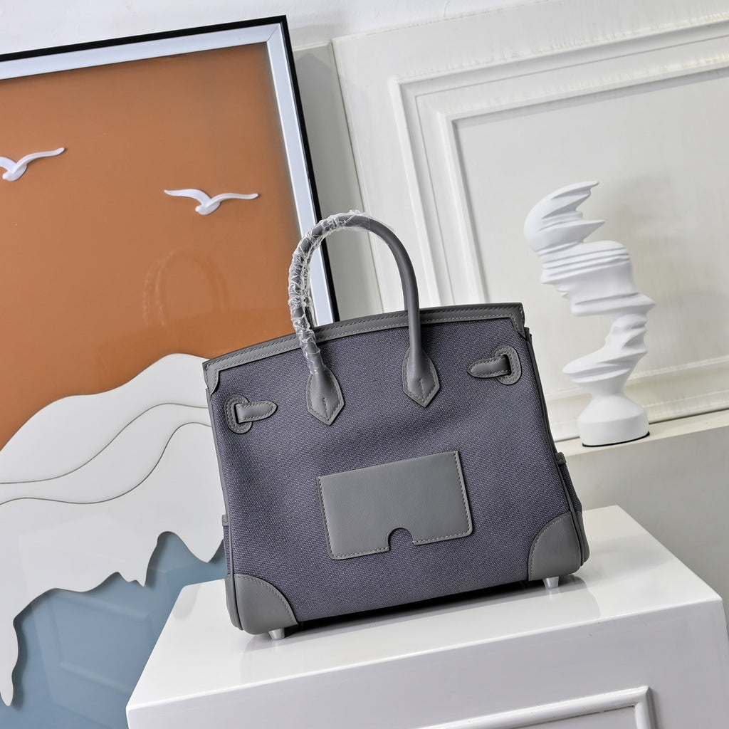 Birkin Cargo 25 Etain Grey Swift Leather and Canvas Splicing Bag