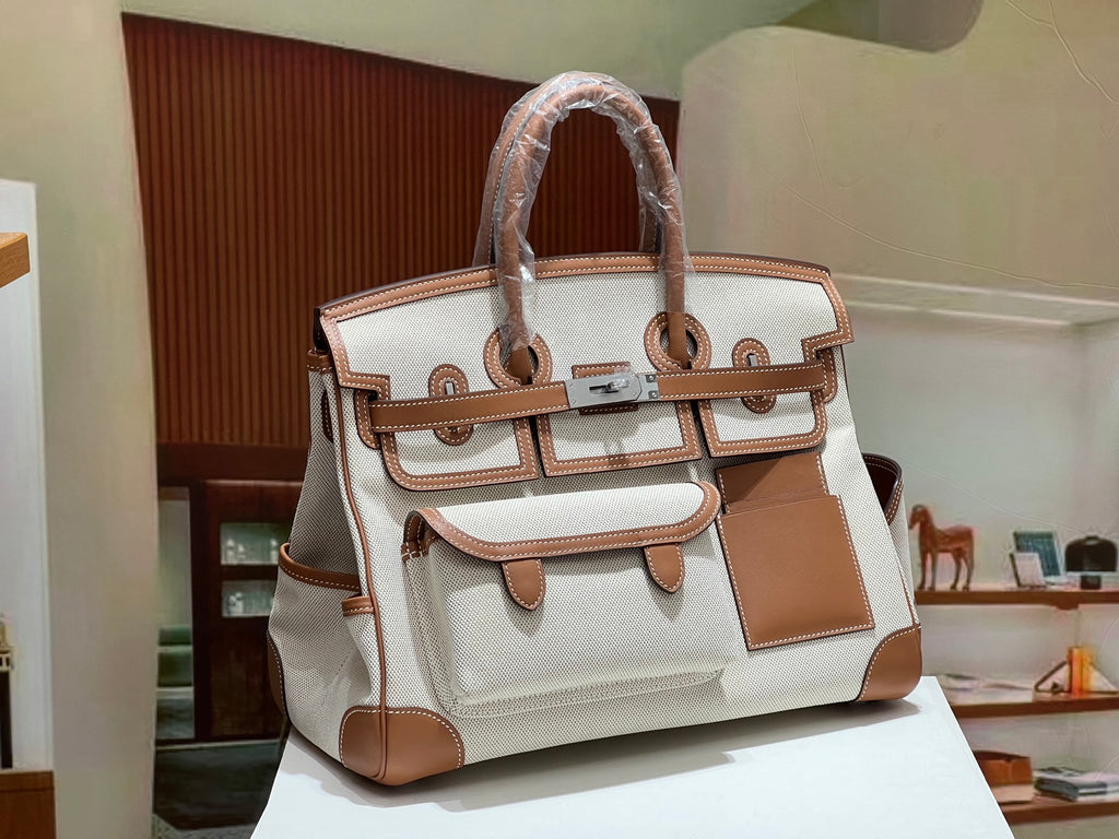 Birkin Cargo 35 Gold Leather and Ecru Canvas Multi-Pocket Bag