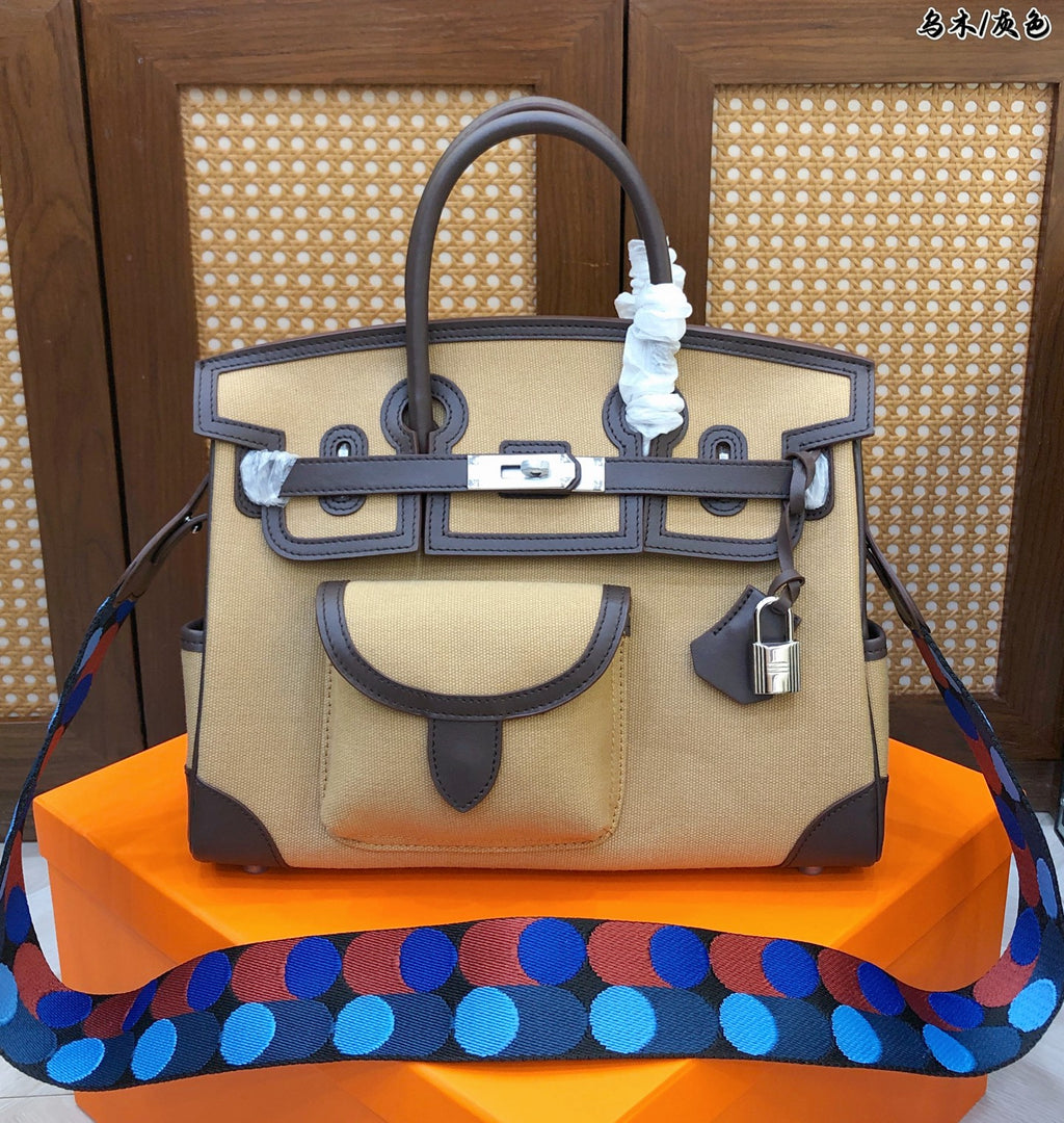 Birkin Cargo 30 Ebène Swift Leather and Khaki Canvas Multi-Pocket Bag