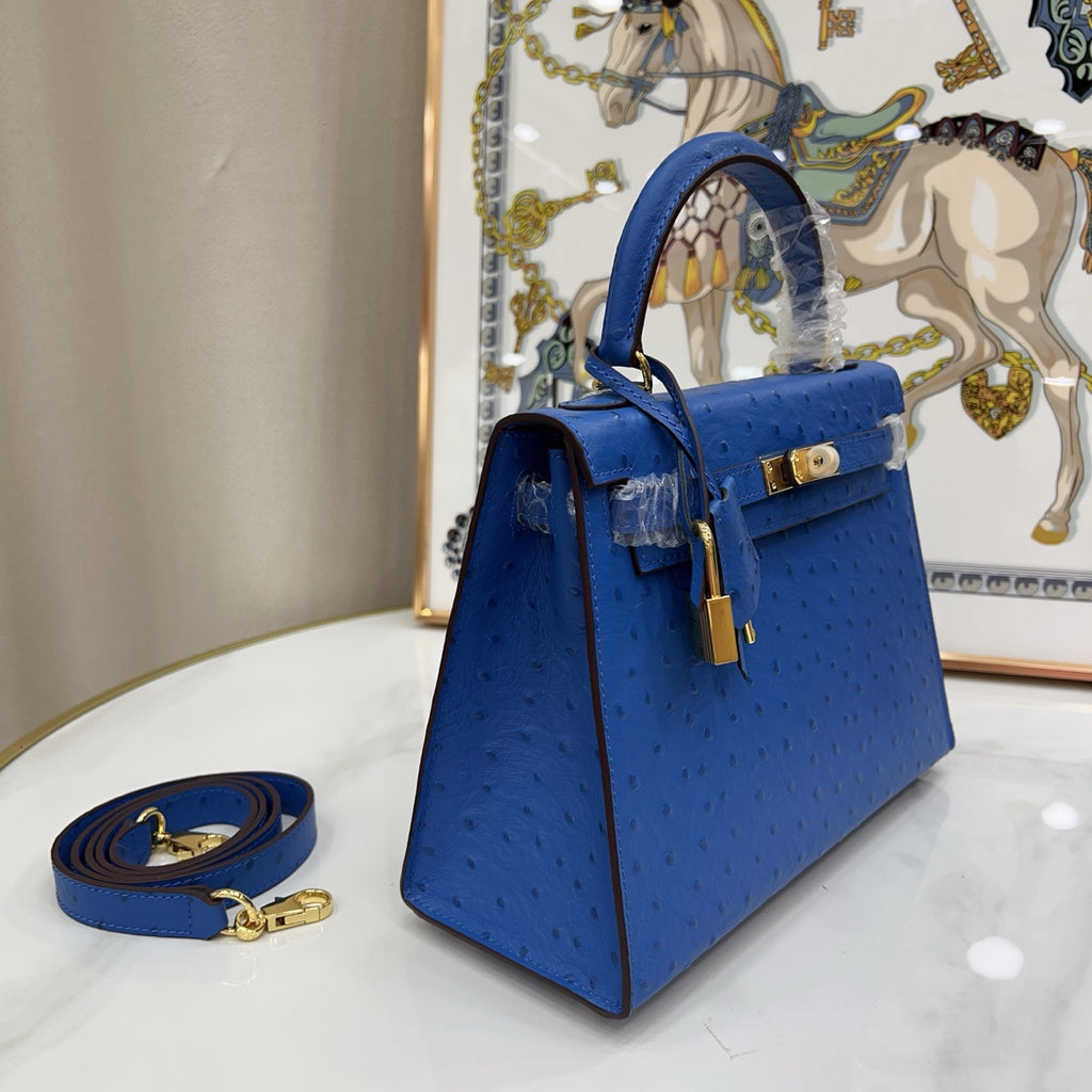 Kelly Sellier 25cm Bleu Electrique Ostrich Gold Hardware Premium Crossbody Purse