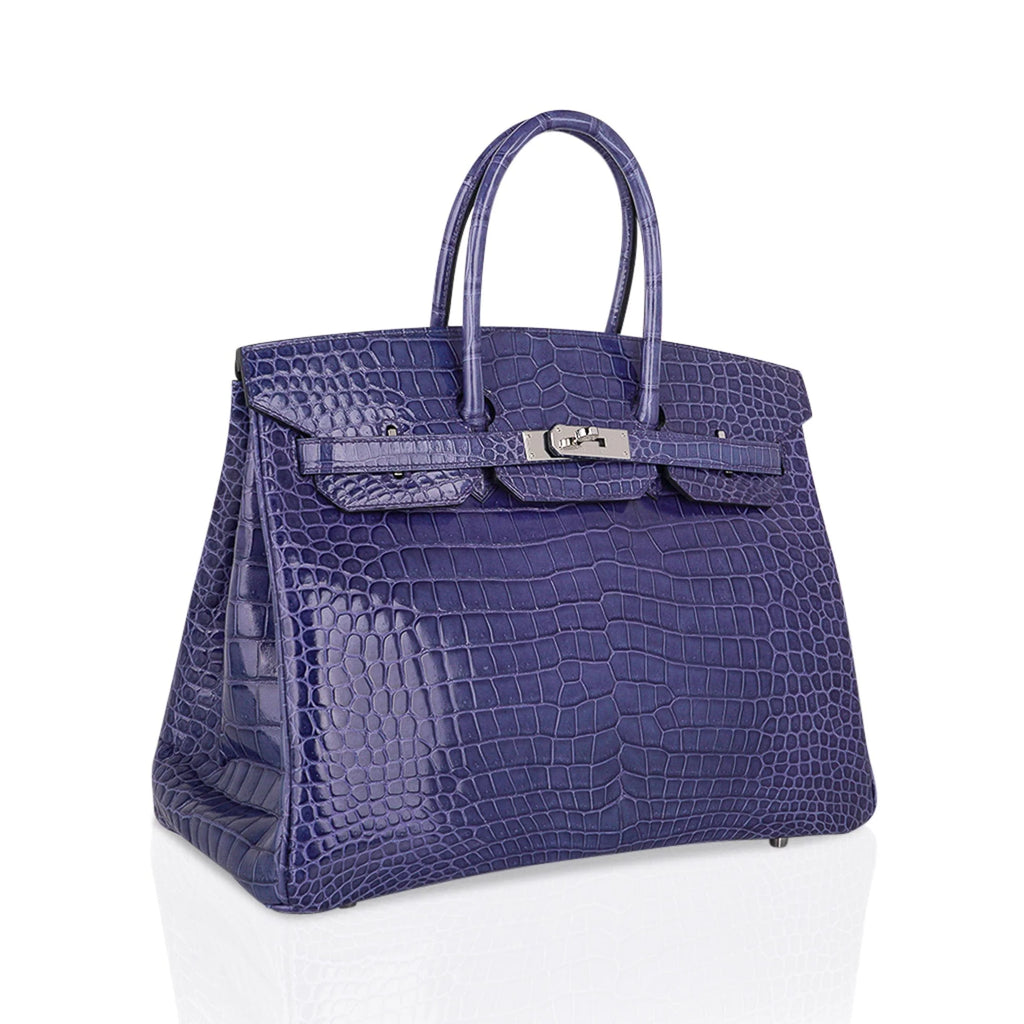 Birkin 35 Bag Blue Brighton Porosus Crocodile Palladium Hardware New