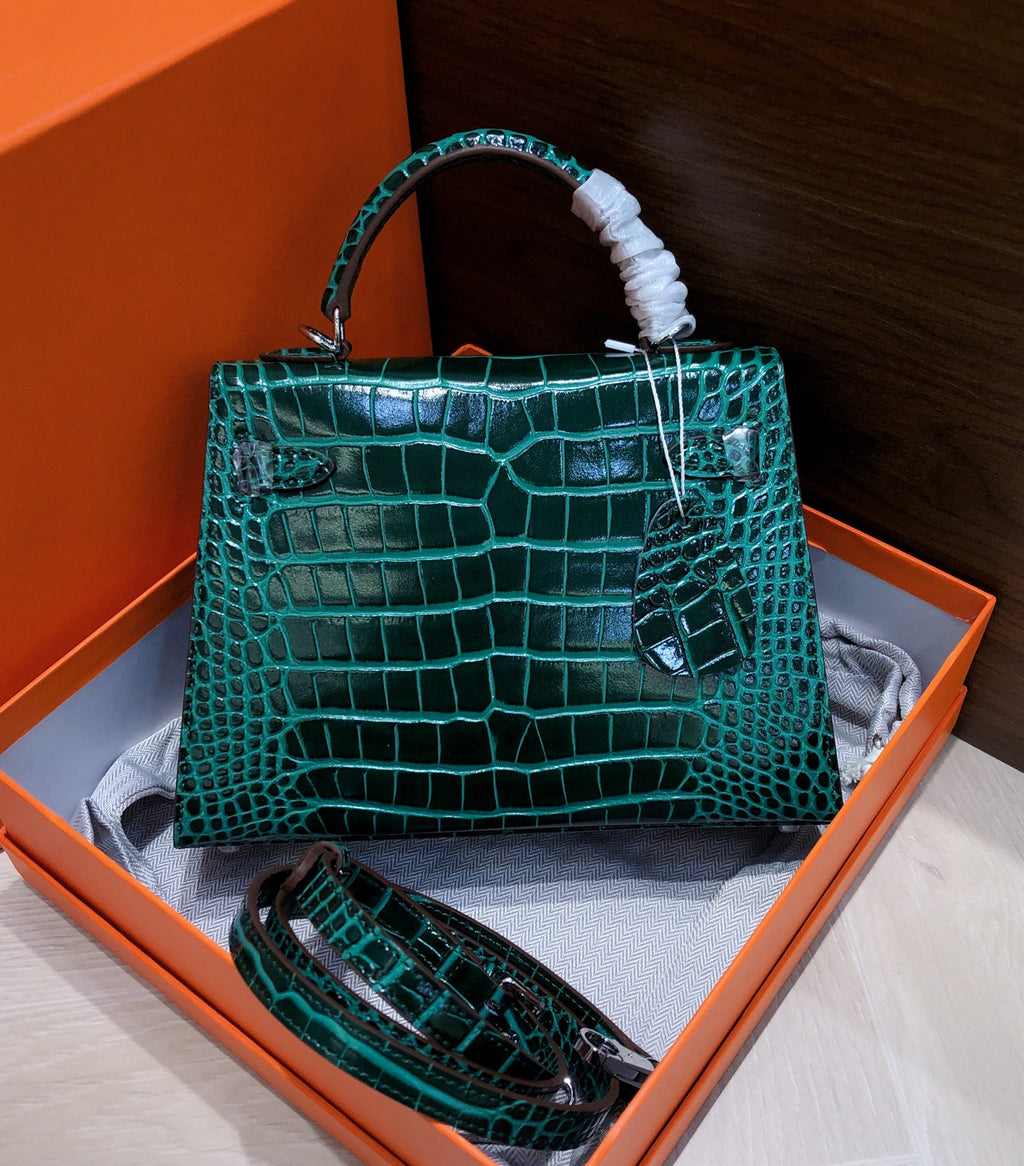 Kelly Sellier 22cm Vert Emeraude Shiny Crocodile Leather Gold Hardware & Palladium Hardware Women Handbag
