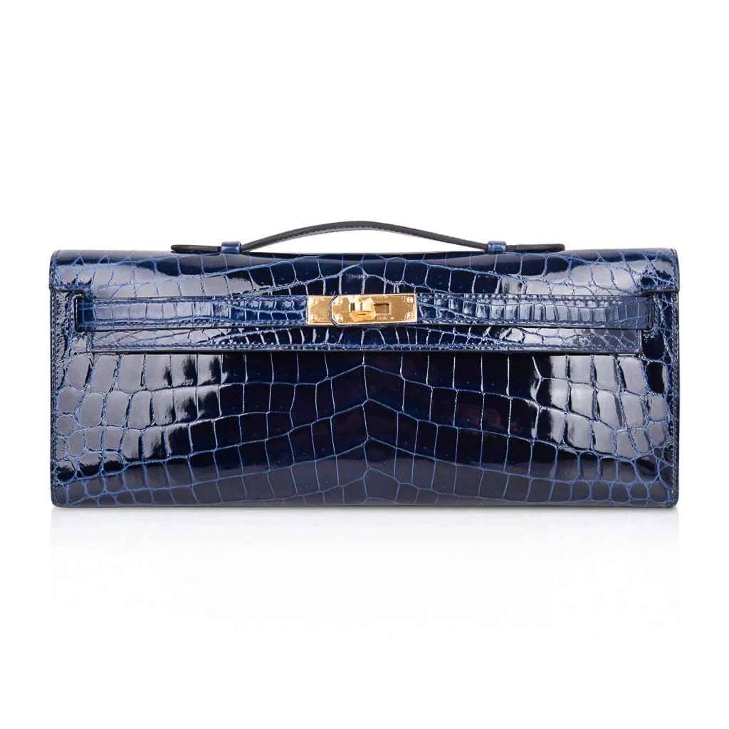 Kelly Cut Blue Sapphire Crocodile Clutch Bag Gold Hardware