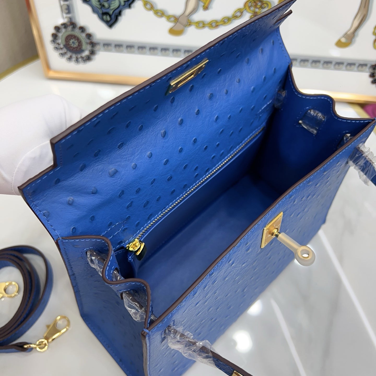 Kelly Sellier 25cm Bleu Electrique Ostrich Gold Hardware Premium Crossbody Purse