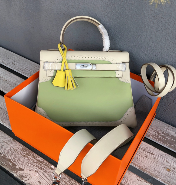 Kelly Sellier Ghillies 28cm Craie & Vert Pomme Barenia Leather Palladium Hardware Women Handbag