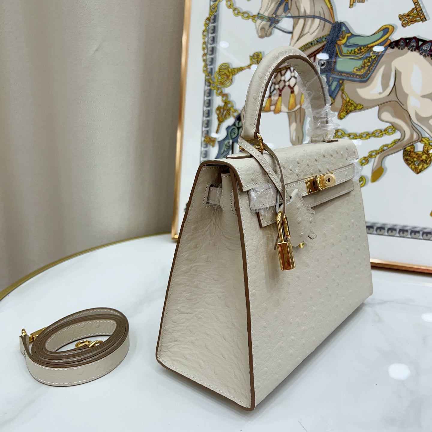 Kelly Sellier 25cm Craie Ostrich Gold Hardware Premium Women Shoulder Purse