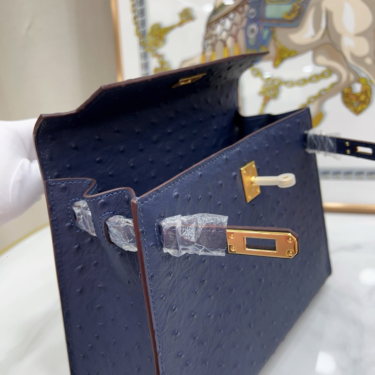 elly Sellier 25cm Bleu Nuit Ostrich Gold Hardware Luxury Commute Handbag