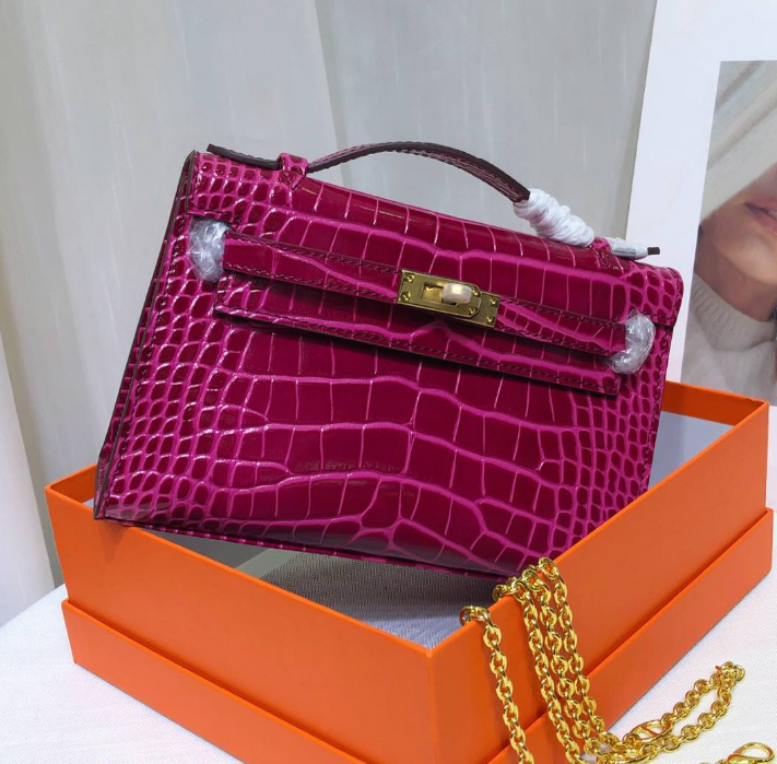 Kelly Pochette Fuchsia Shiny Niloticus Crocodile Leather Gold Hardware Women Clutch Bag