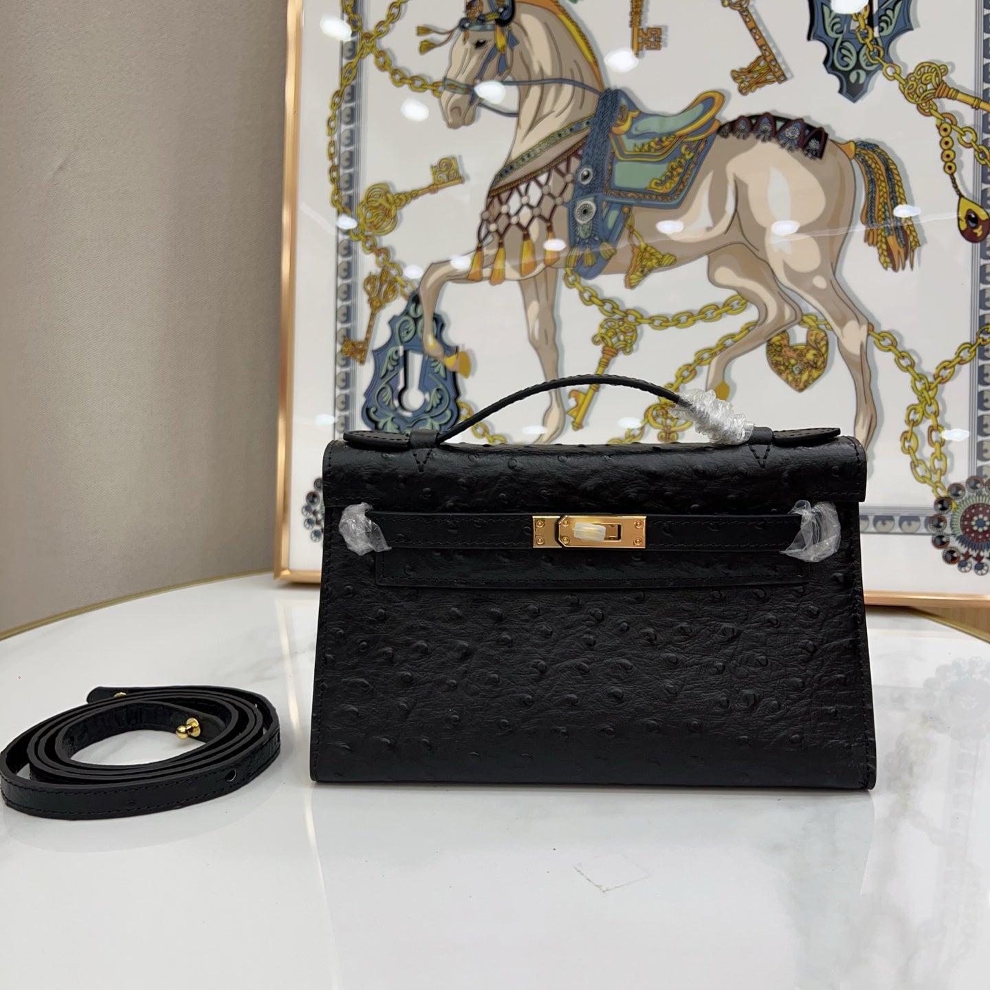 Mini Kelly Sellier 22cm Noir Ostrich Leather Gold Hardware Women Mini Handbag