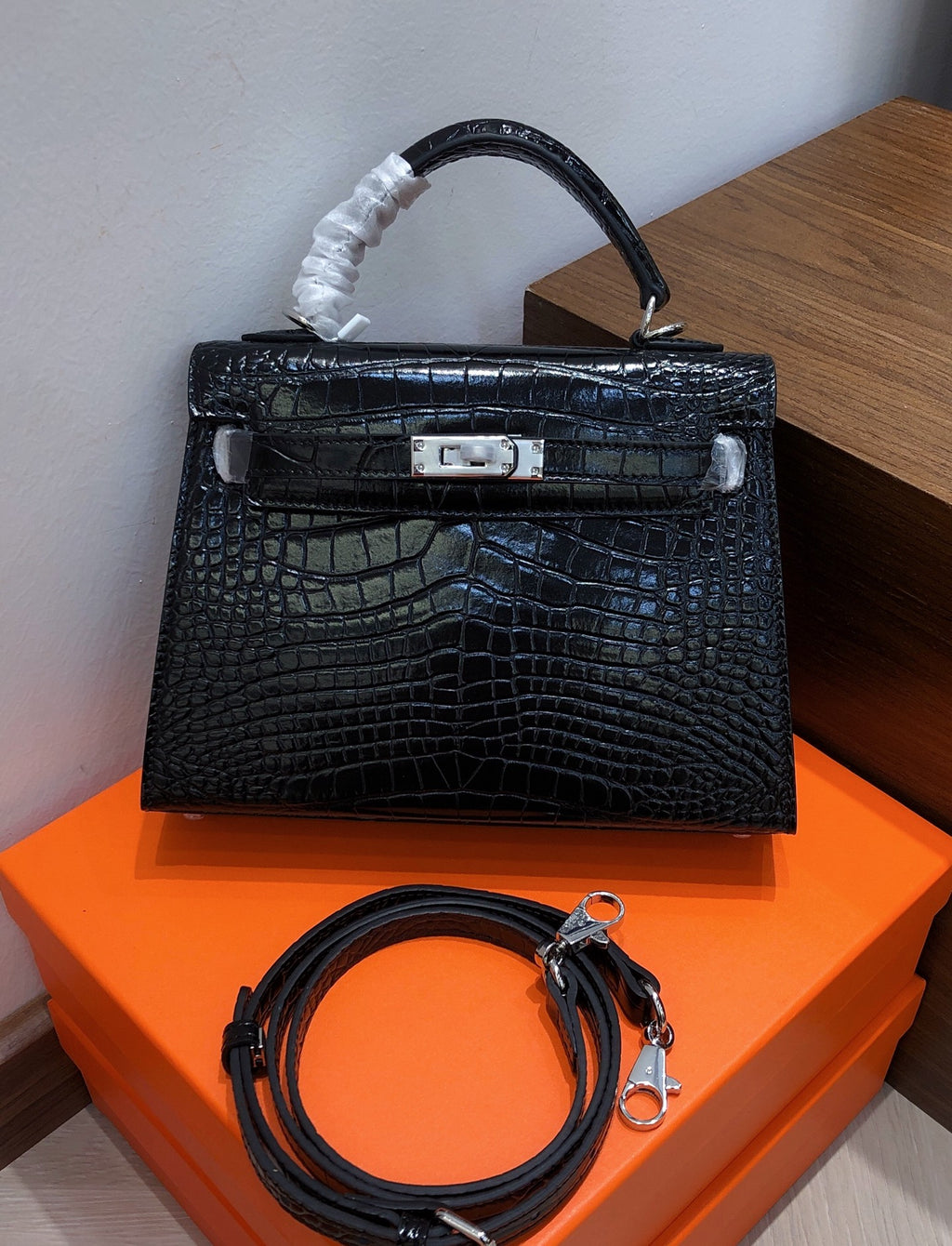 Kelly Sellier 22cm Noir Shiny Crocodile Leather Gold Hardware & Palladium Hardware Women Handbag