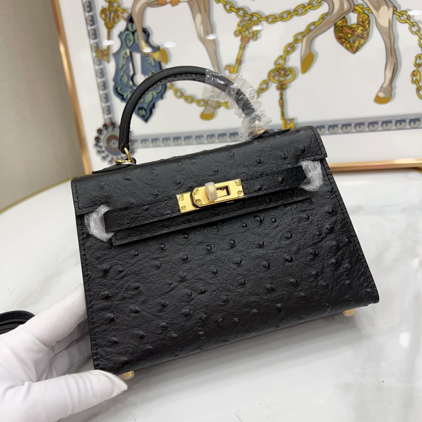 Mini Kelly Sellier 19cm Noir Ostrich Leather Gold Hardware Women Mini Handbag