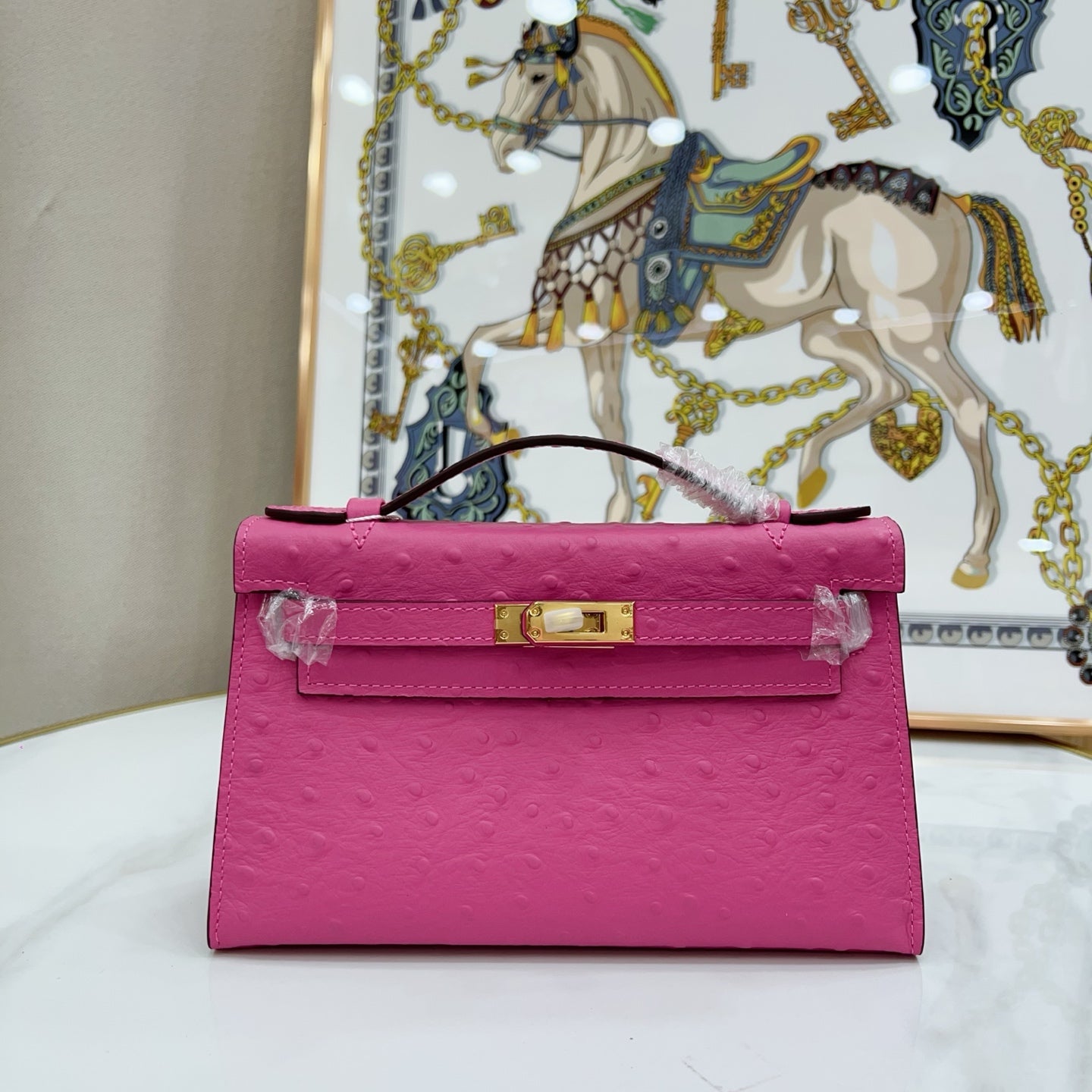 Mini Kelly Sellier 22cm Rose Tyrien Ostrich Leather Gold Hardware Women Mini Handbag