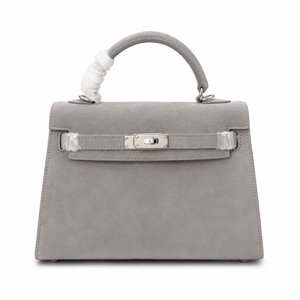 Kelly Sellier 22cm Gris Asphalte Suede Leather Palladium Hardware Women Handbag