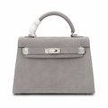 Kelly Sellier 22cm Gris Asphalte Suede Leather Palladium Hardware Women Handbag