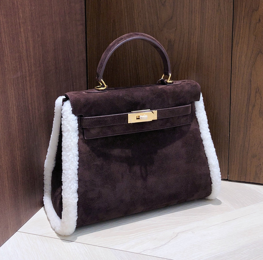 Kelly Sellier 28cm Ebene Suede Leather Gold Hardware Commute Shoulder Handbag