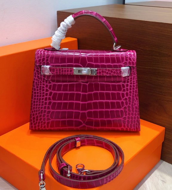 Kelly Sellier 22cm Fuchsia Shiny Crocodile Leather Gold Hardware & Palladium Hardware Women Handbag