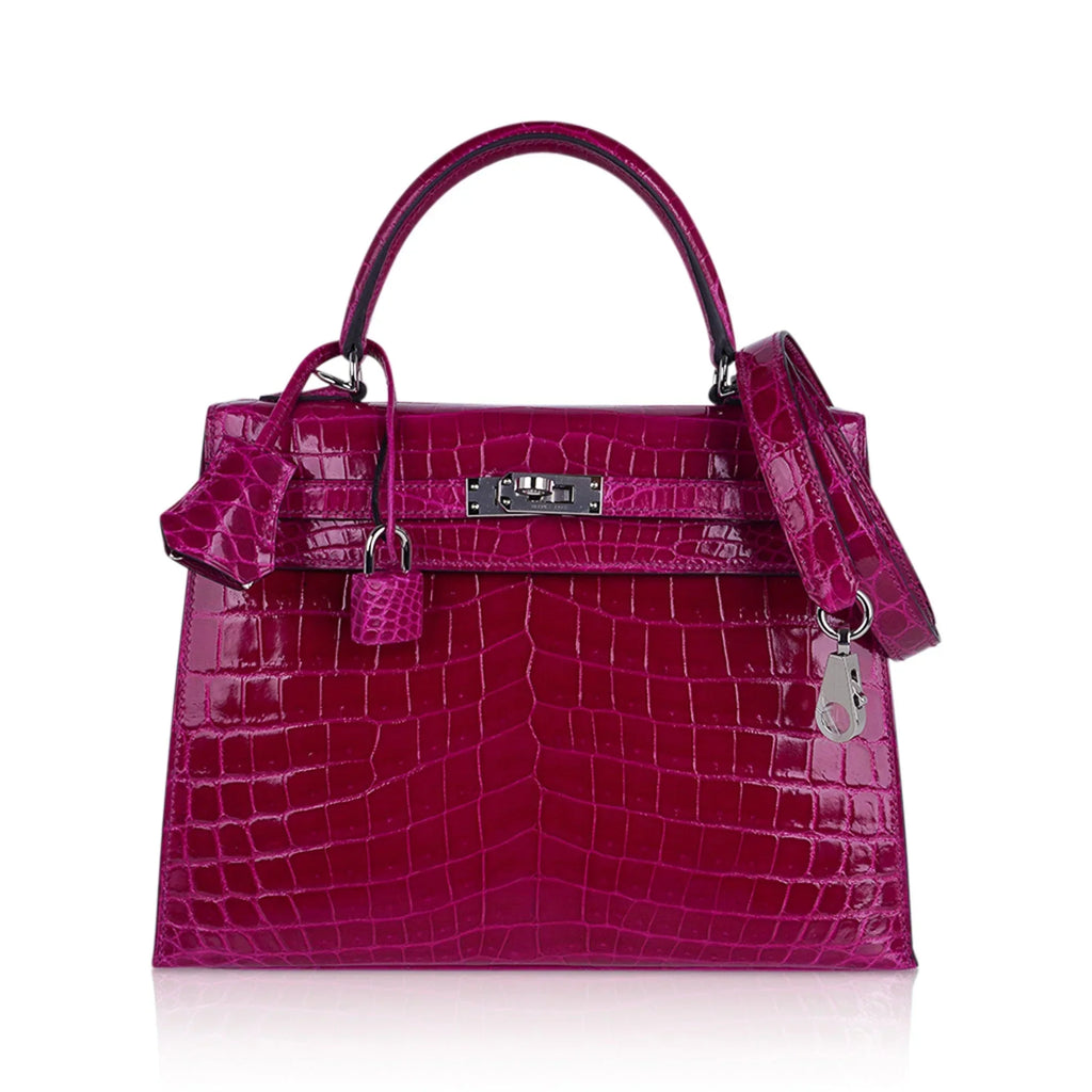 Kelly 25 Sellier Bag Rose Pourpre Crocodile with Palladium Hardware