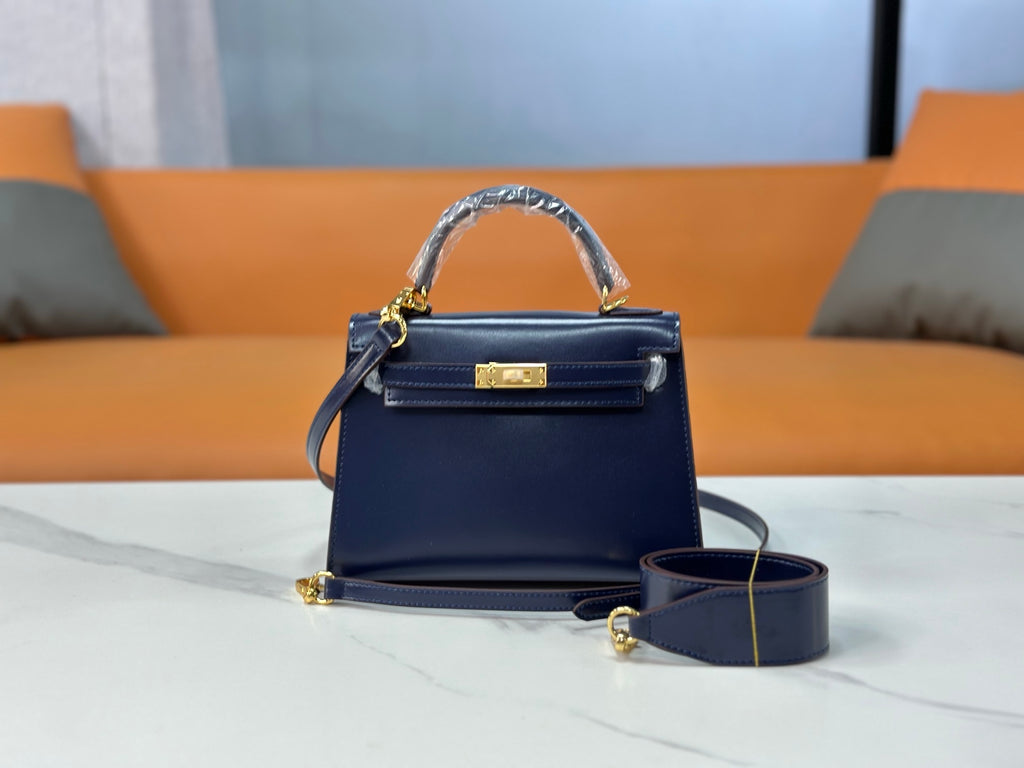 Kelly Sellier 19cm & 22cm & 25cm Bleu Nuit Box Calf Leather Gold Hardware & Palladium Hardware Women Handbag