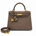 Hermès Kelly Sellier 25 Ostrich Etoupe Gold Hardware