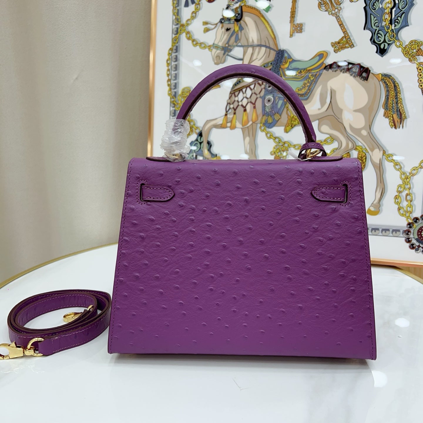 Kelly Sellier 25cm Violine Ostrich Gold Hardware Luxury Commute Handbag