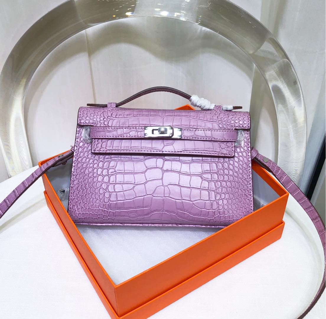 Kelly Pochette Lilac Shiny Niloticus Crocodile Leather Palladium Hardware Women Clutch Bag