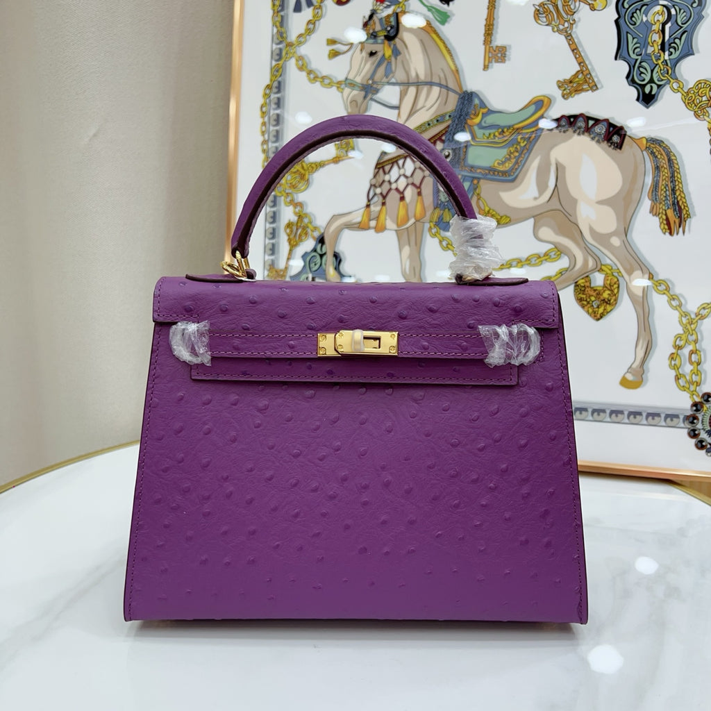 Kelly Sellier 25cm Violine Ostrich Gold Hardware Luxury Commute Handbag