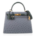 Kelly Sellier 28 HSS Bag Gris Agate / Vert Titien Ostrich Gold Hardware