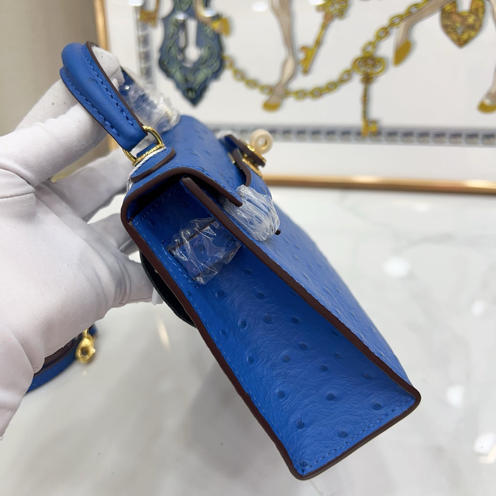 Mini Kelly II 19cm Sellier Bleu Electrique Ostrich Gold Hardware Luxury Crossbody Handbag