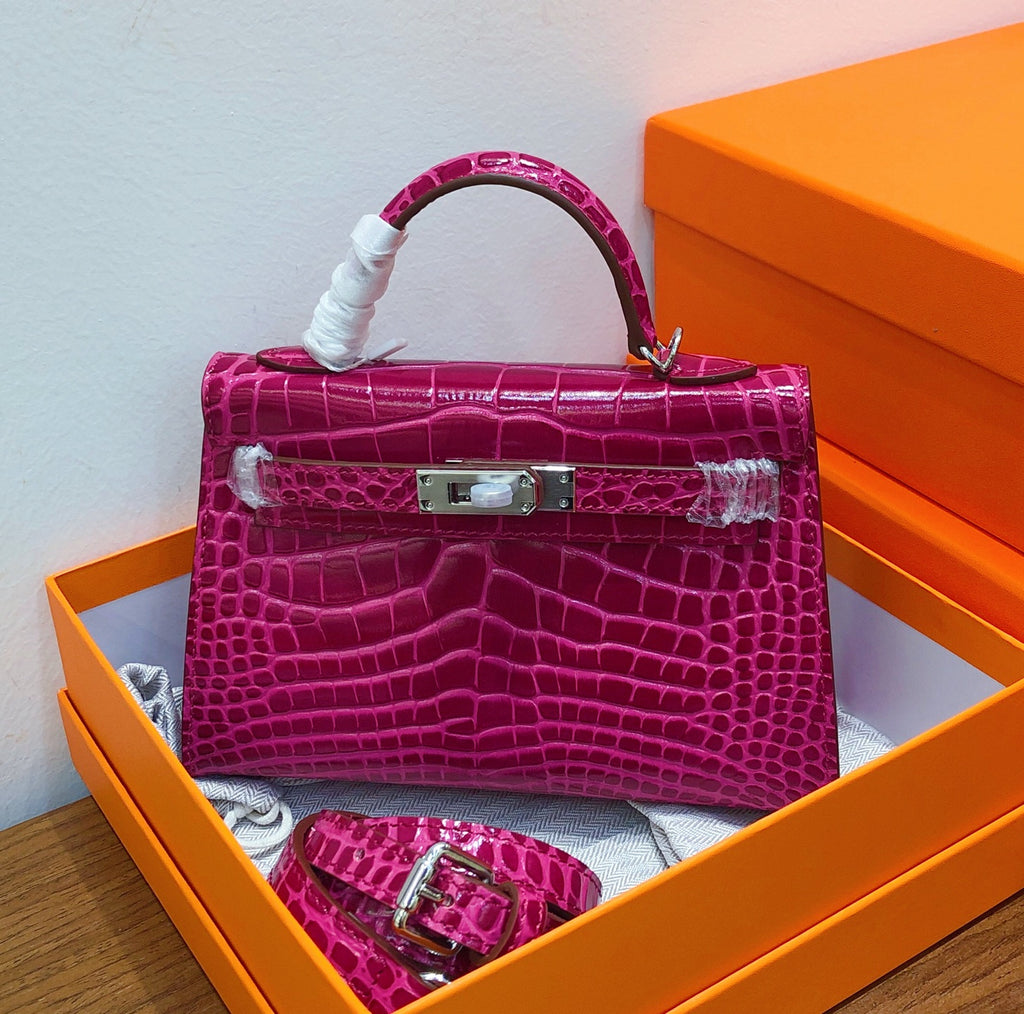 Kelly Sellier 19cm Fuchsia Shiny Crocodile Leather Gold Hardware & Palladium Hardware Women Handbag