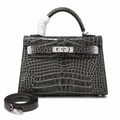 Kelly Sellier 19cm Gris Elephant Shiny Crocodile Leather Gold Hardware & Palladium Hardware Women Handbag