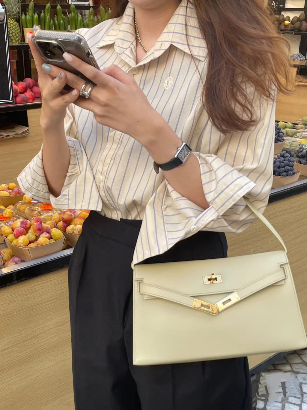 Kelly Elan 25 Underarm Baguette Bag, Genuine Top Layer Cowhide with Goat Grain, Gold Hardware Minimalist Off White Shoulder Handbag, Size 25×6.5×15cm Elegant Soft Tone Daily Purse for Women