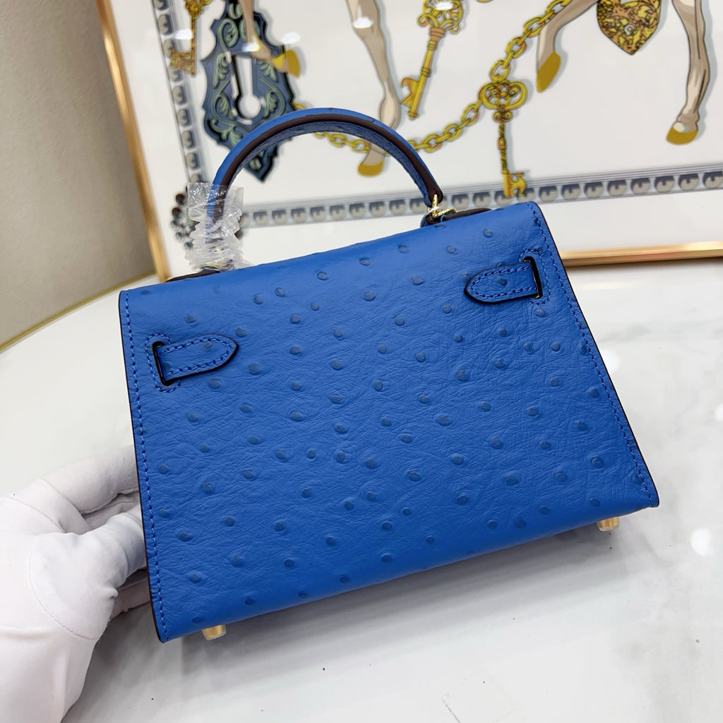 Mini Kelly II 19cm Sellier Bleu Electrique Ostrich Gold Hardware Luxury Crossbody Handbag