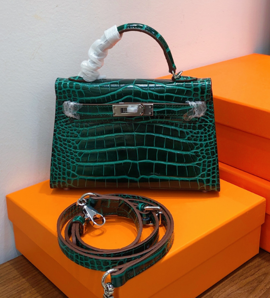 Kelly Sellier 19cm Vert Emeraude Shiny Crocodile Leather Gold Hardware & Palladium Hardware Women Handbag