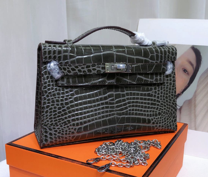Kelly Pochette Gris Elephant Shiny Niloticus Crocodile Leather Palladium Hardware & Palladium Hardware Women Clutch Bag